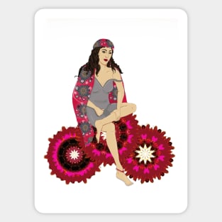 Beautiful gypsy woman on pink flower cart Sticker